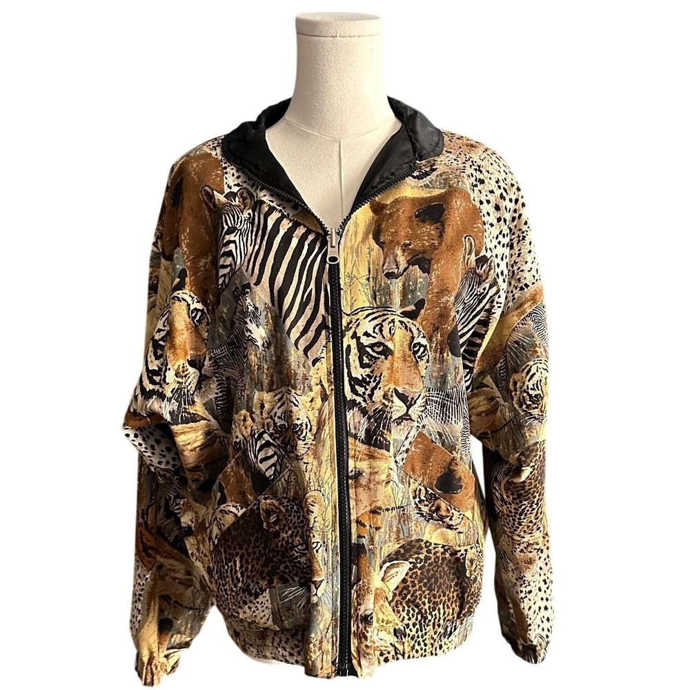 Vintage Ahibu Reversible Safari Print Jacket Lion Tiger Zebra Made in USA M